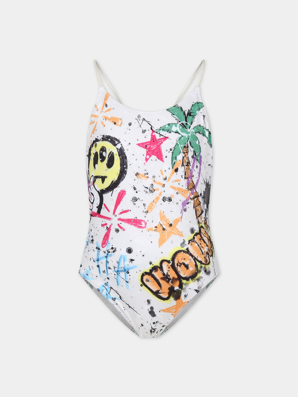 Ivory swimsuit for girl with palm tree and smile print
